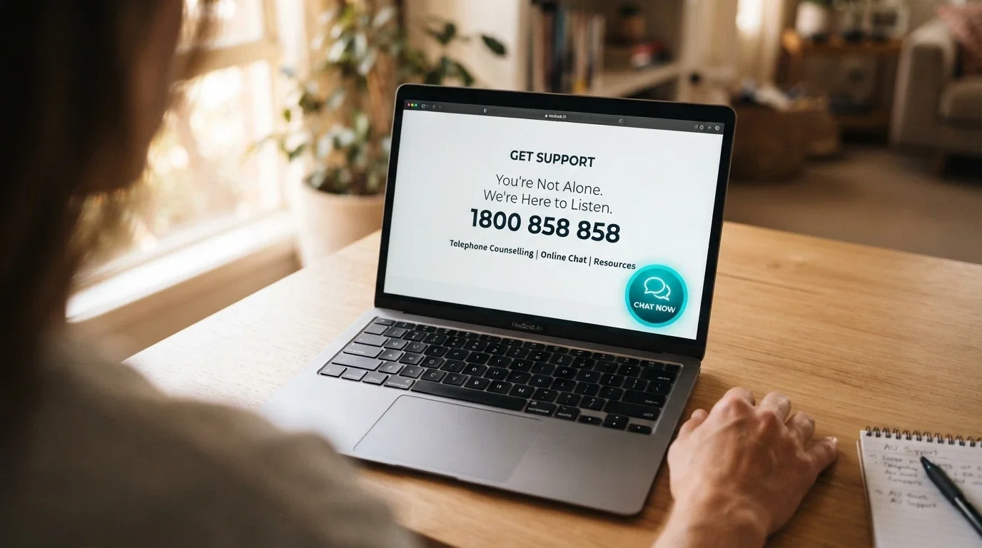 The Gambling Help Online homepage showing the 24/7 chat button, the 1800 858 858 helpline number, and counselling options