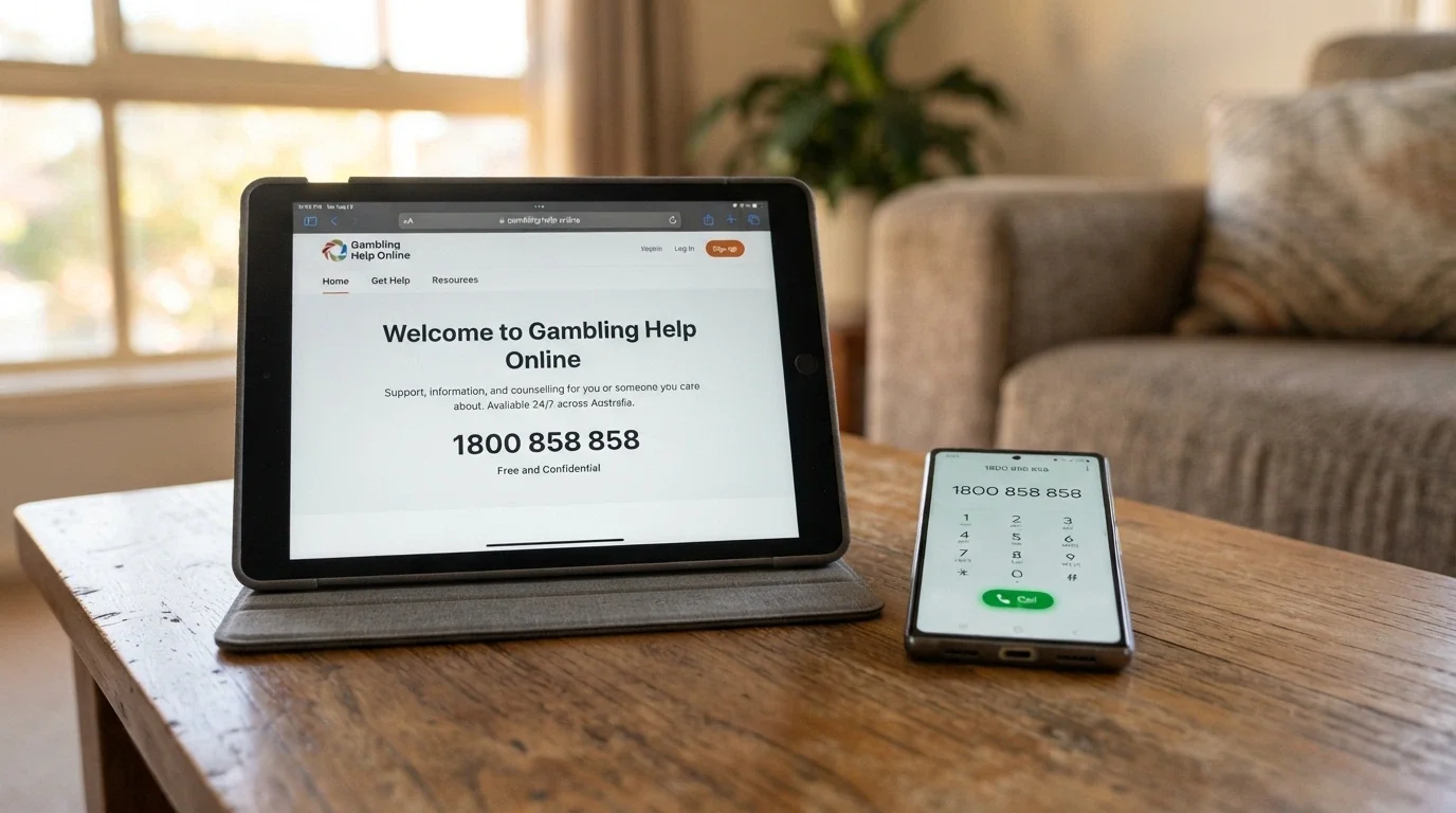The Gambling Help Online homepage on a screen alongside a phone showing the dialler with 1800 858 858 entered, warm lighting suggesting accessible support