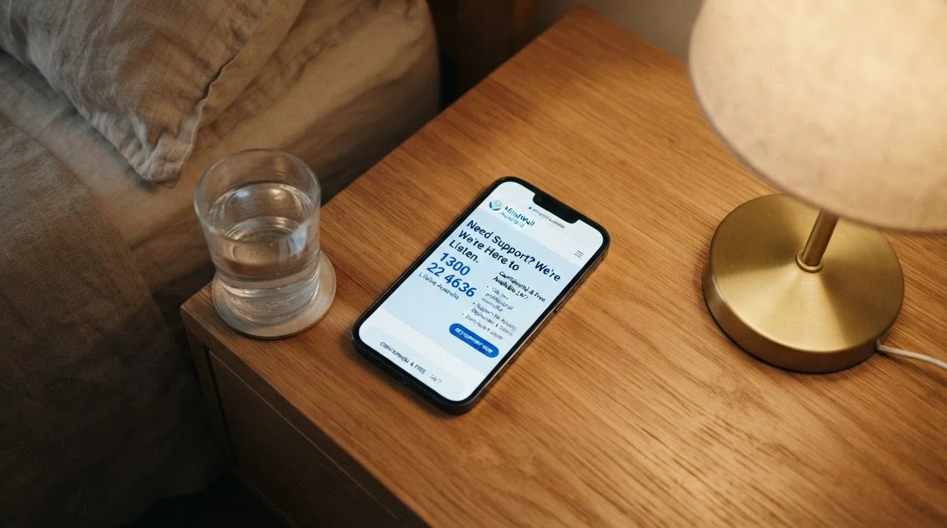 A smartphone displaying the Gambling Help Online homepage with the 1800 858 858 helpline number prominent on screen