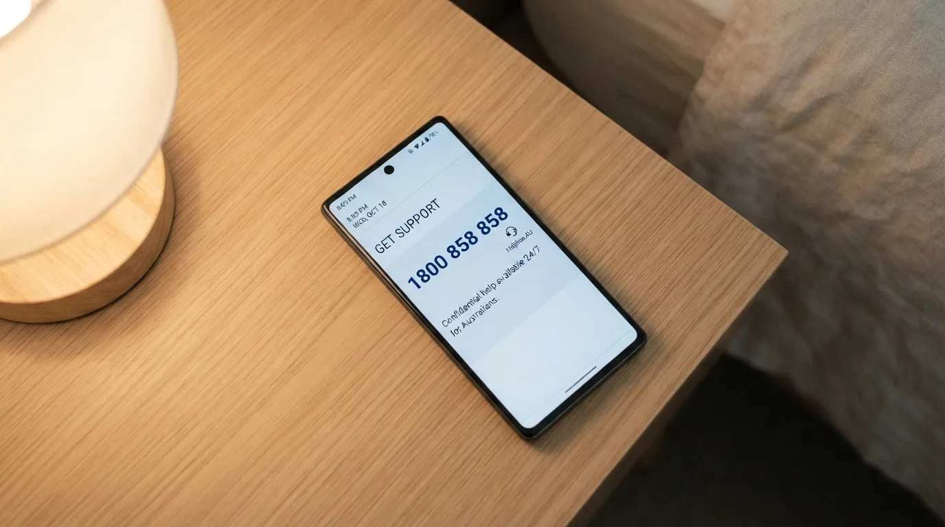 A smartphone screen showing the National Gambling Helpline number 1800 858 858 on a support page, with the Gambling Help Online logo beside it