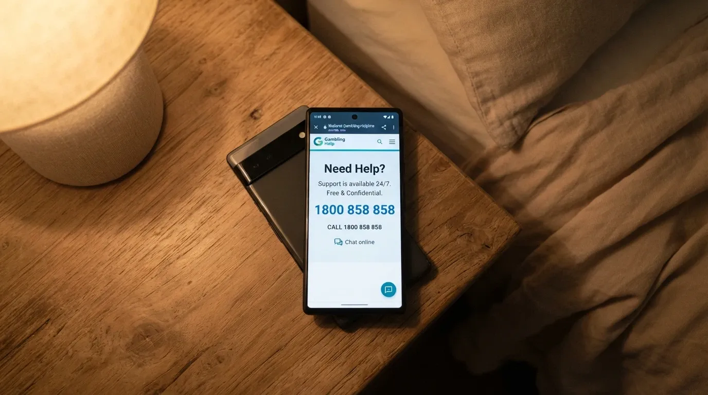 A phone screen showing the 1800 858 858 number alongside the Gambling Help Online website