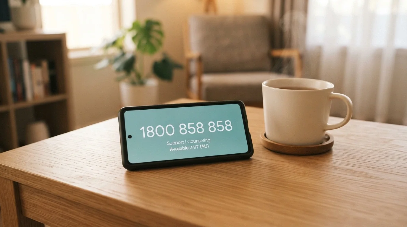 A smartphone resting on a desk with 1800 858 858 visible on screen, beside a cup of tea — calm and supportive