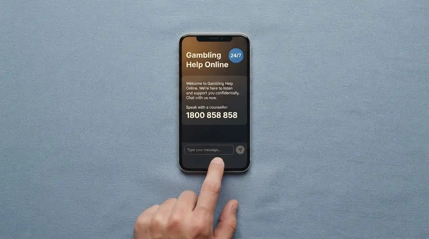 A clean, direct visual of a phone screen showing the Gambling Help Online chat interface and the number 1800 858 858, with the 24/7 badge visible, framed in a calm blue tone