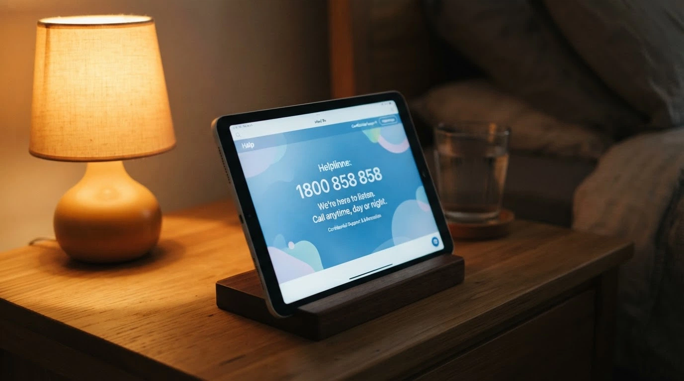An iPad showing the Gambling Help Online homepage or the National Gambling Helpline number 1800 858 858 prominently on screen, warm and calm colours