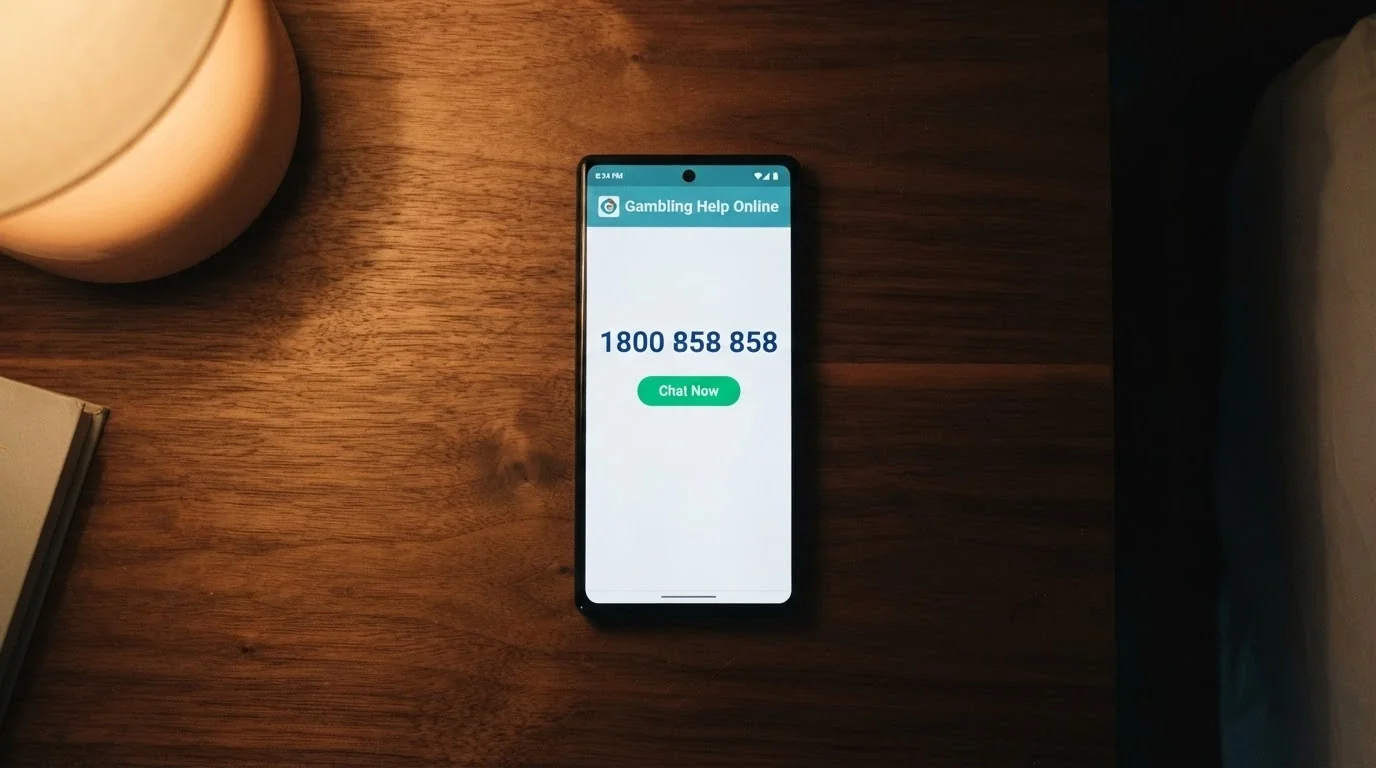 A phone screen showing the Gambling Help Online homepage with the 1800 858 858 number and 24/7 chat button visible