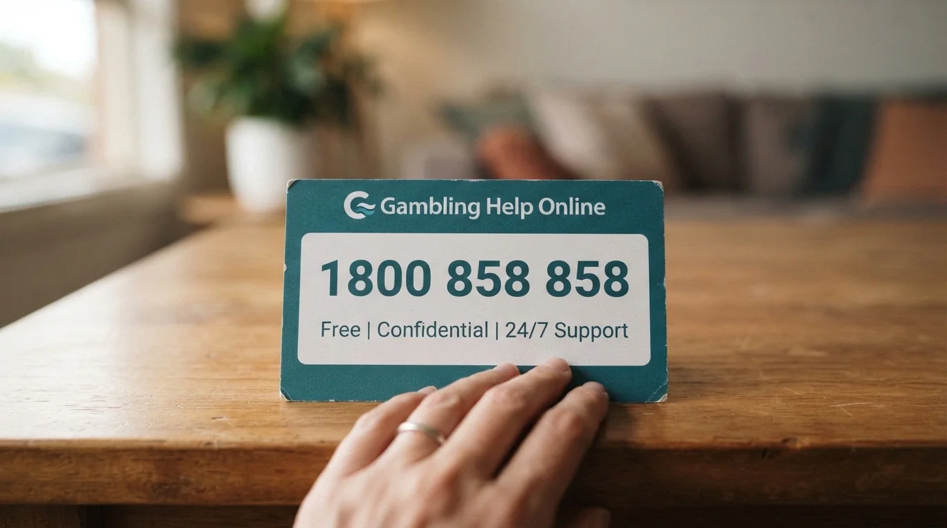 A support card or screen showing the National Gambling Helpline number 1800 858 858 and the Gambling Help Online logo