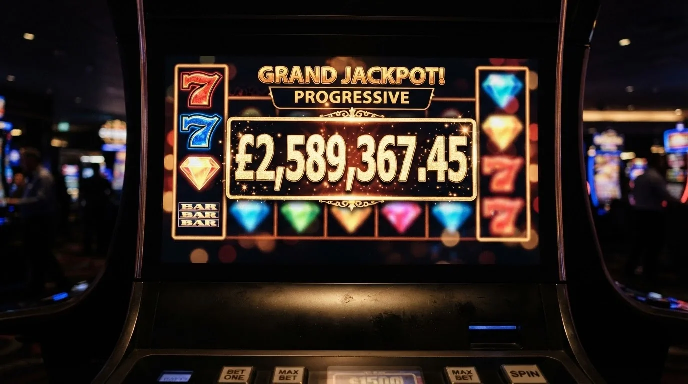 A close-up of a slot-machine screen showing a progressive jackpot total ticking upward past seven figures