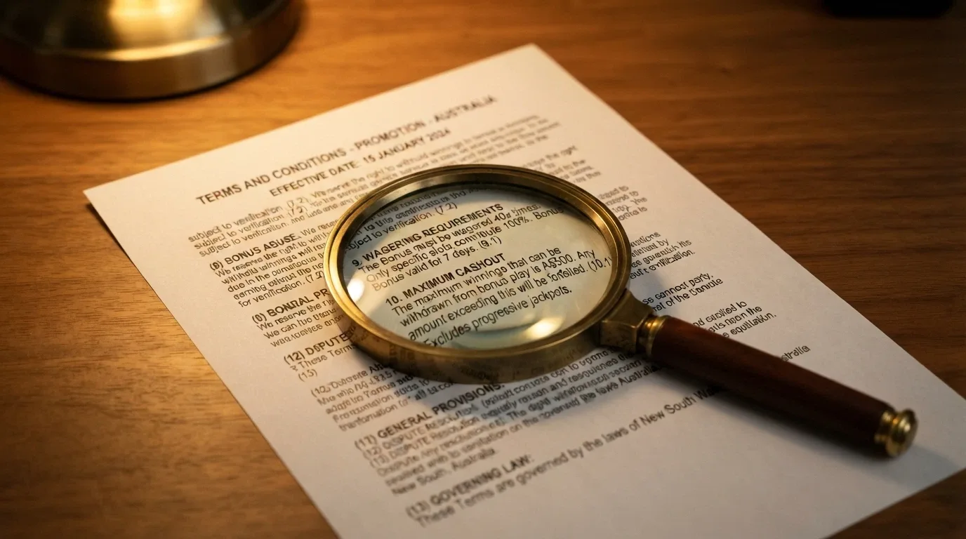 A magnifying glass held over the terms-and-conditions block of a casino bonus offer, the fine print sharp and legible