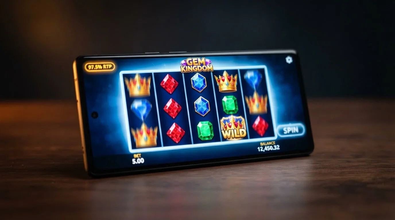 A smartphone in landscape orientation showing a colourful pokie reel set with the RTP percentage overlaid