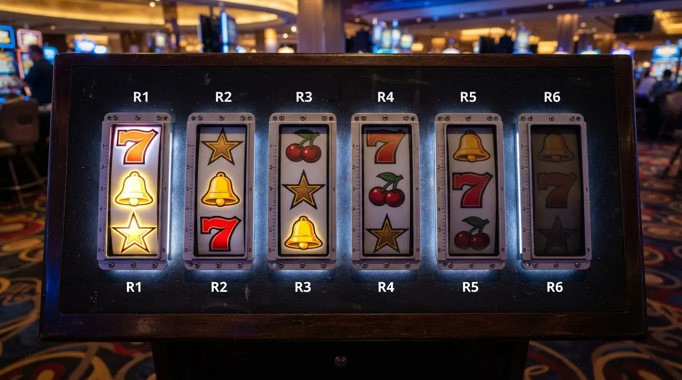 A colourful grid of six pokies reels showing cherry, bell and scatter symbols, arranged from brightest (highest RTP) to dimmest