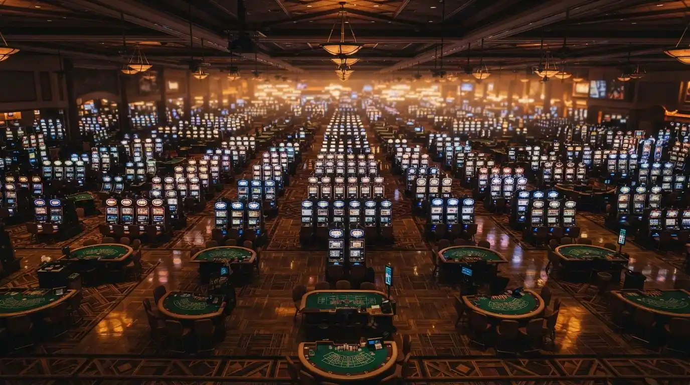 An overhead view of a crowded casino gaming floor with slot machines and table games stretching into the distance