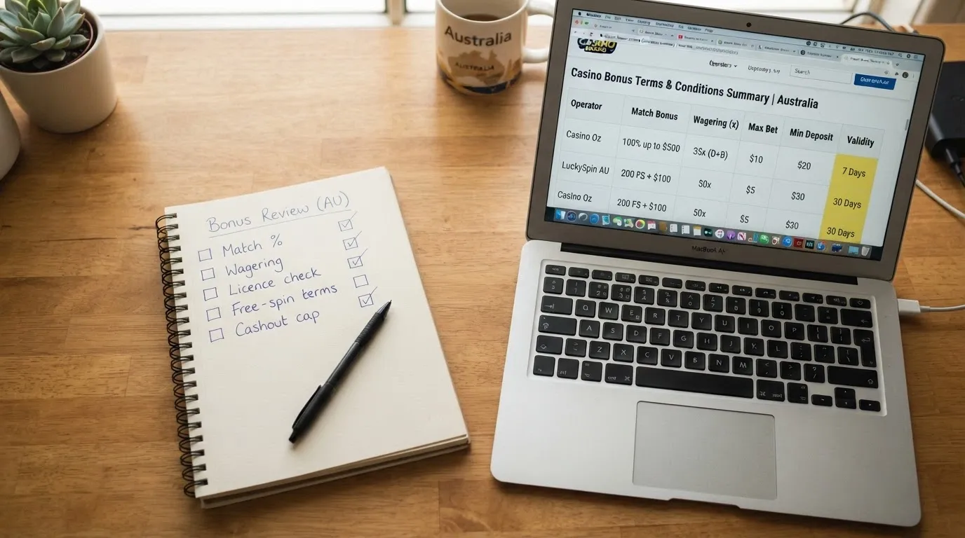 A desk with a notepad listing evaluation criteria — match %, wagering, licence check, free-spin terms — beside a laptop showing an operator terms page