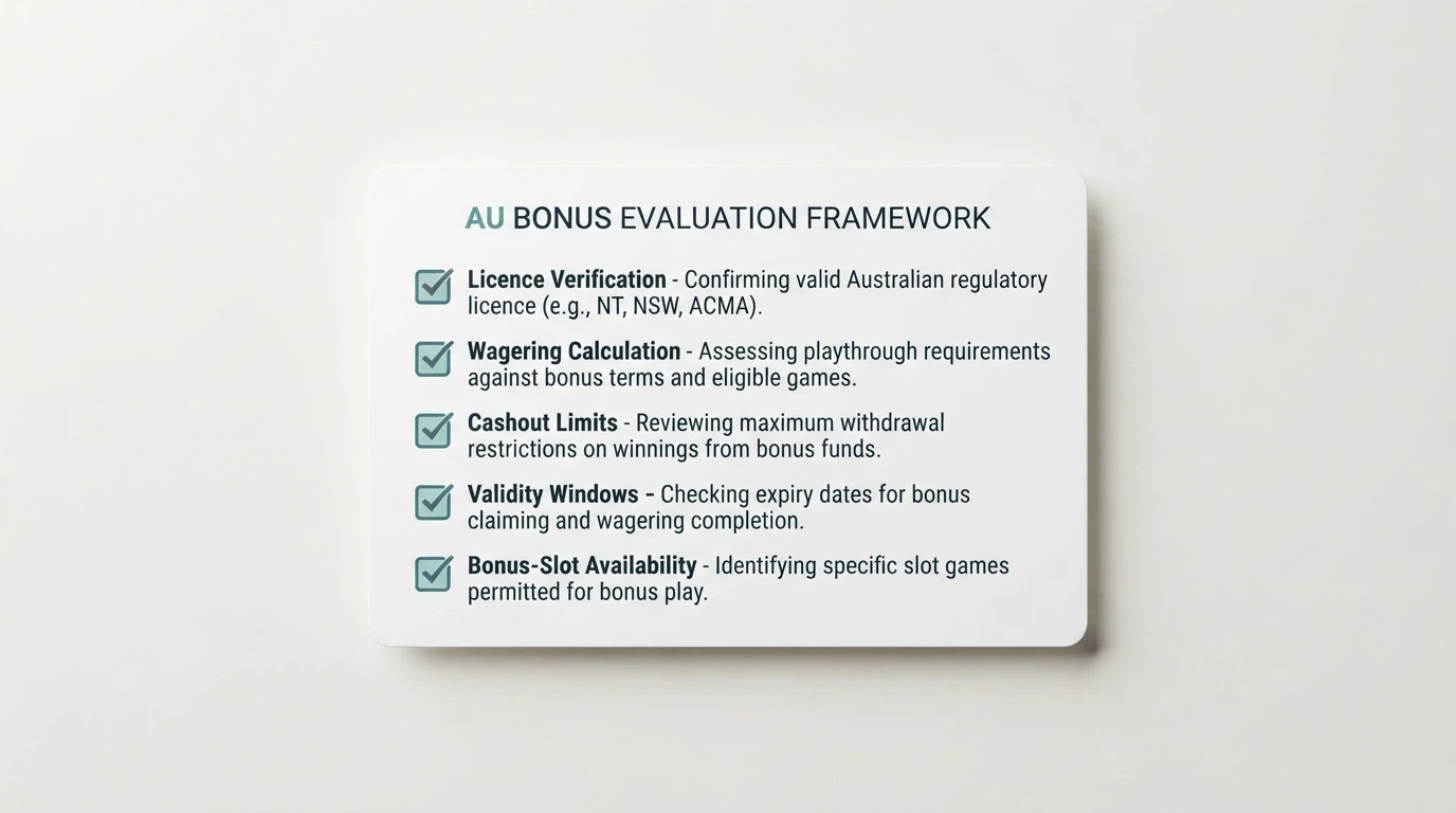 A checklist-style graphic showing the evaluation criteria icons: licence check, wagering multiple, max cashout, validity window, bonus-slot specificity