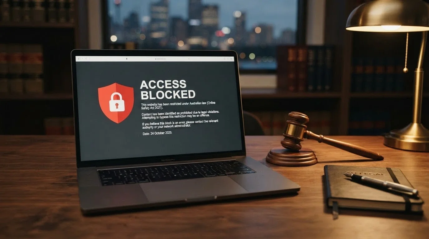 An open copy of Australian federal legislation with the Interactive Gambling Act 2001 title visible, a gavel beside it and a laptop showing a blocked-site notice in the background
