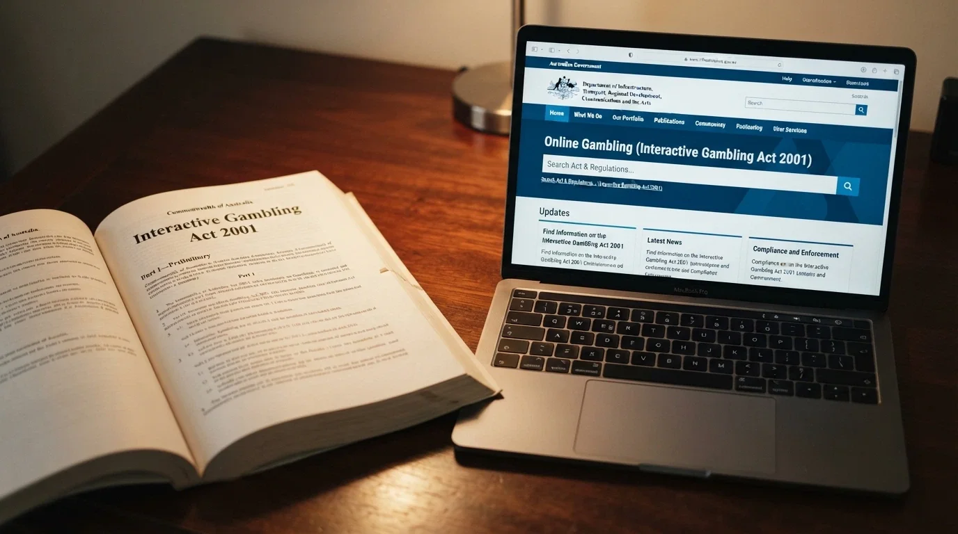 A close-up of Australian legal text with the Interactive Gambling Act 2001 header visible, beside a laptop showing the ACMA website