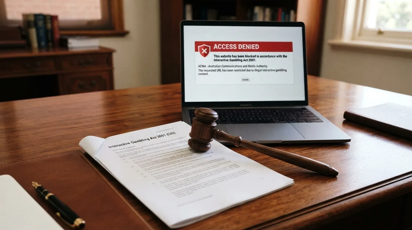 A gavel resting on a printed copy of Australian legislation, a laptop screen visible in the background showing a blocked-website notice