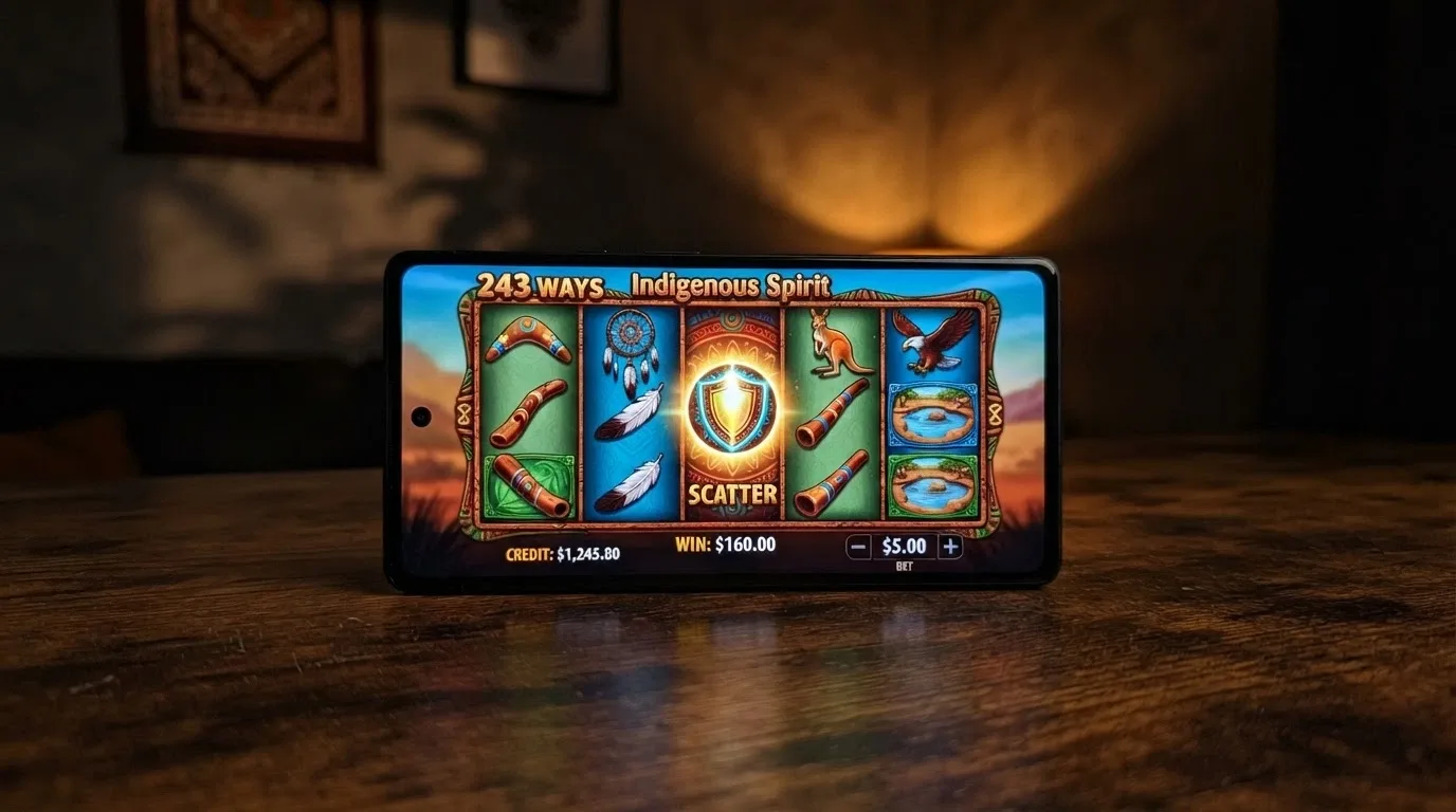Indian Dreaming pokies title screen with 243 ways to win, the scatter symbol and an AUD bet selector on an Android phone