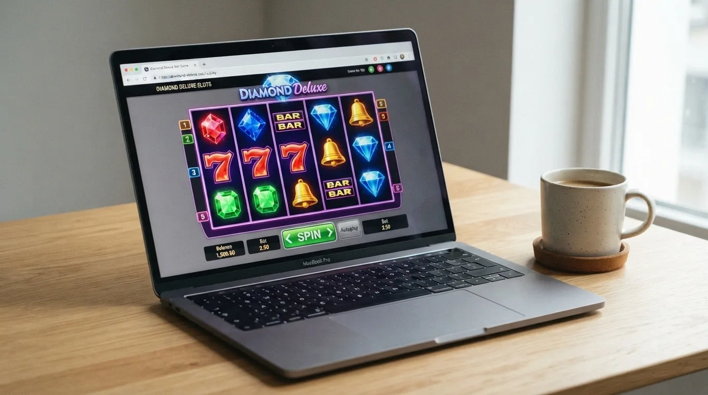 A web browser window with a loaded pokies game showing the spin button and reel grid, no download dialogue or installer visible