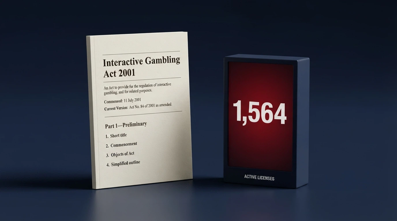 A formal document-style visual: the words Interactive Gambling Act 2001 on a legislative-text background, with a block-counter showing 1,564 beside the ACMA logo