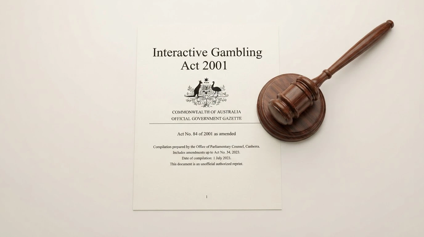 An official-looking Australian government document with the words “Interactive Gambling Act 2001” visible, a gavel beside it