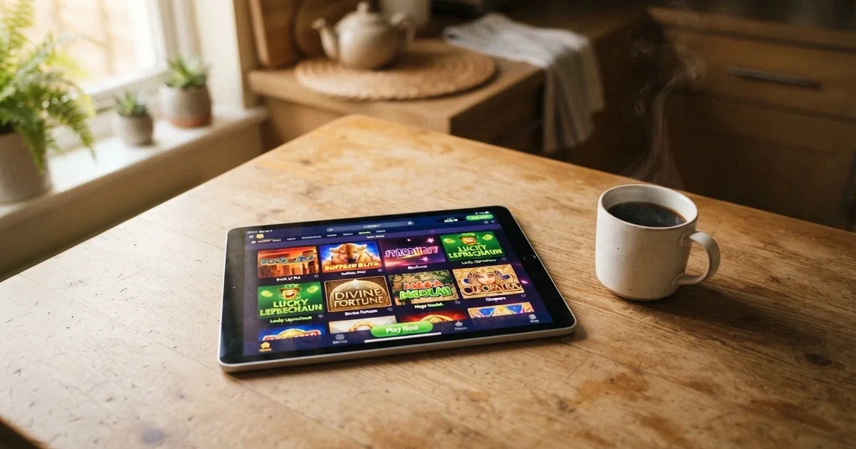An iPad lying flat on a wooden table displaying a colourful casino game lobby with pokies tiles, a cup of coffee beside it, soft morning light from a window