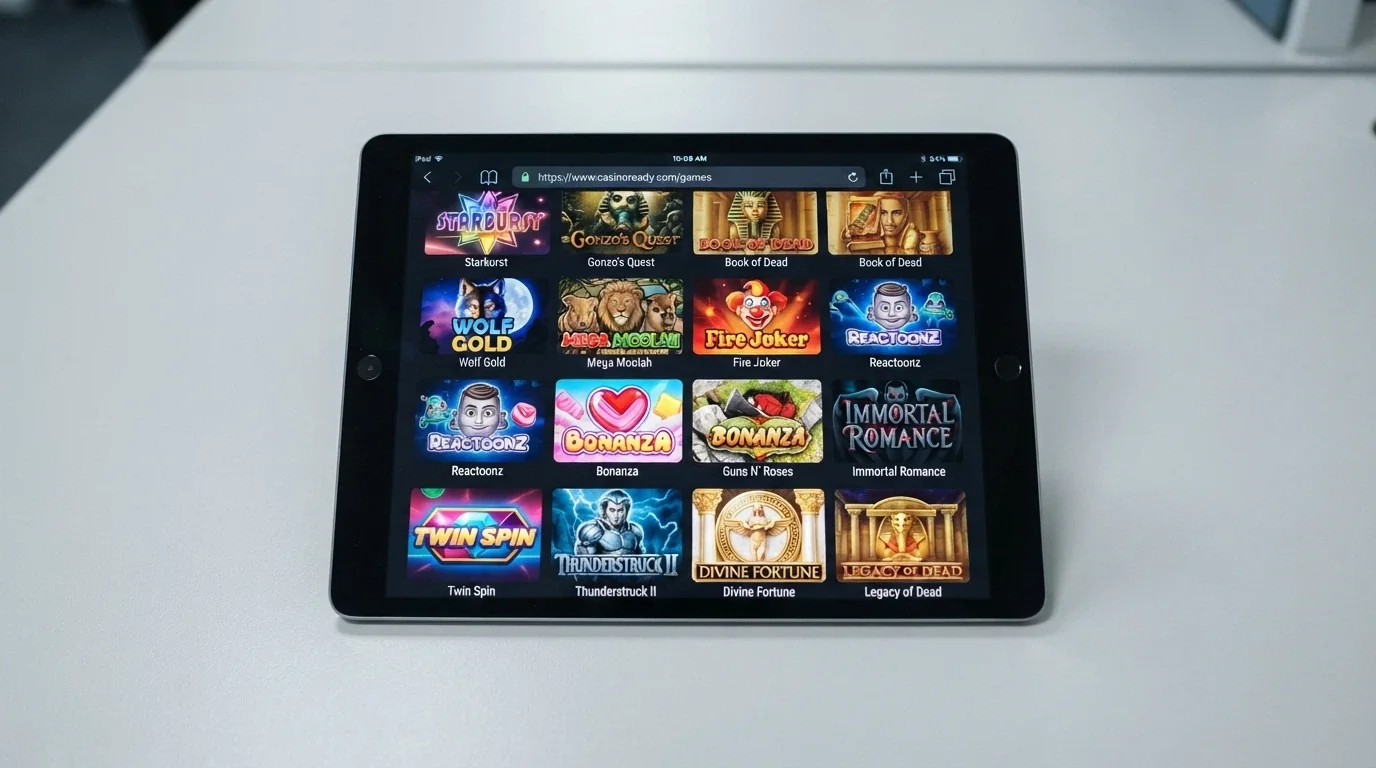 An iPad in landscape orientation showing a mobile-optimised casino site in Safari, the browser address bar visible, game thumbnails arranged in a grid