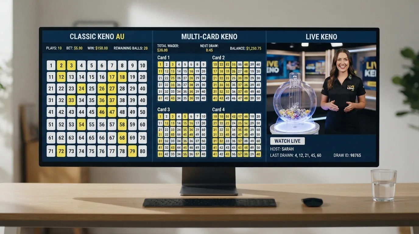 Several different keno game interfaces arranged side by side — a classic 80-ball grid, a 4-card layout, and a live dealer video stream