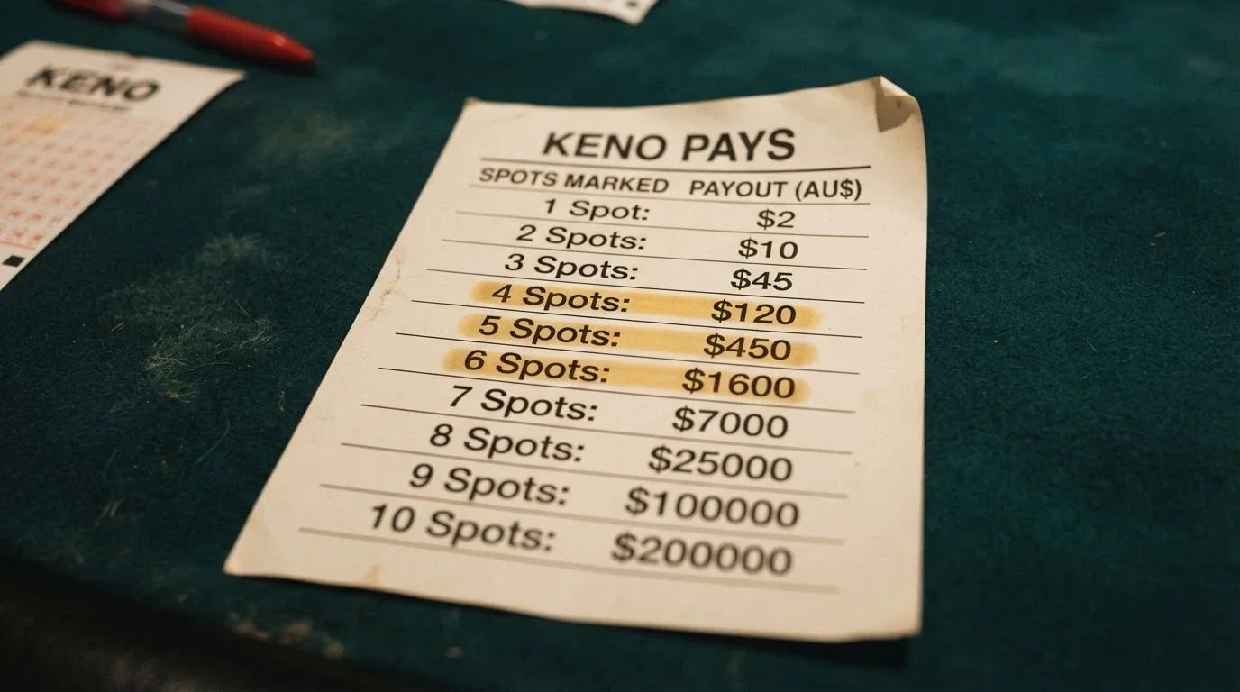 A close-up of a keno paytable showing the payout multipliers for different spot counts, with the 4-to-6-spot range highlighted