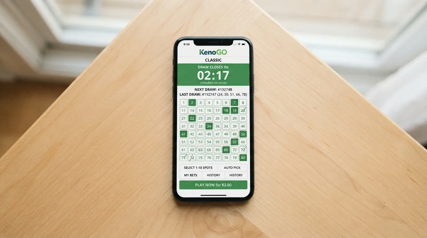 The KenoGO Classic interface on a mobile phone screen showing a countdown timer and a numbered grid awaiting the next draw