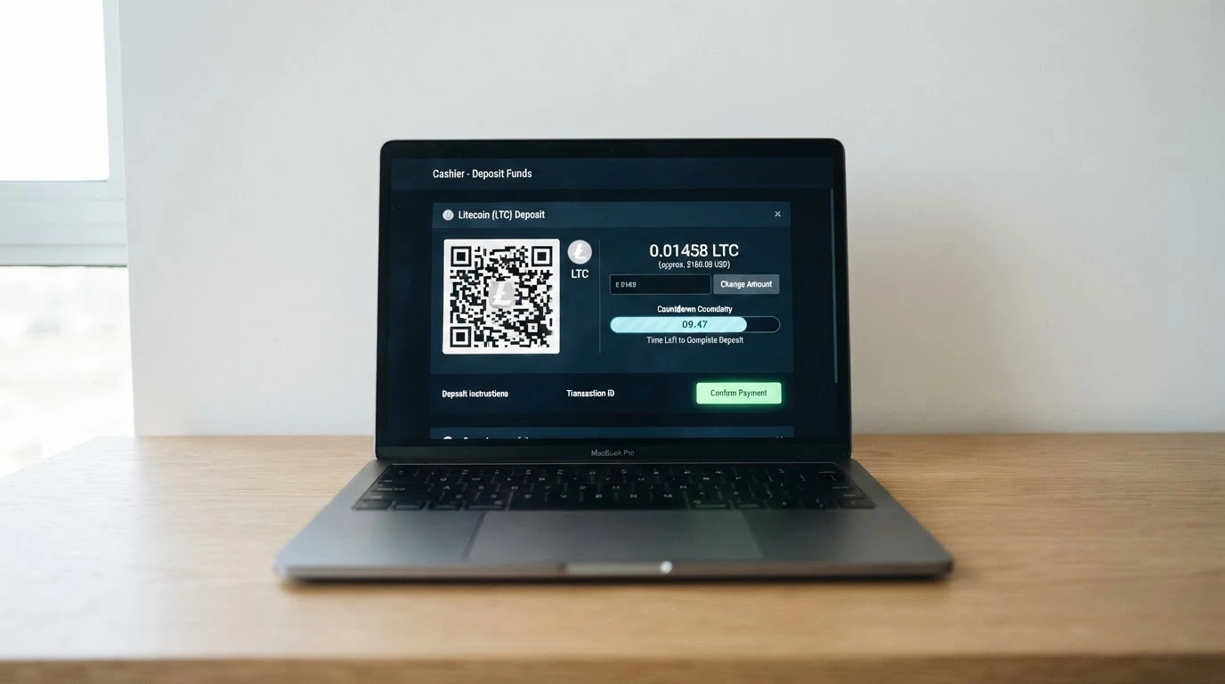 A laptop open to a casino cashier page displaying a Litecoin deposit QR code and a pending confirmation timer
