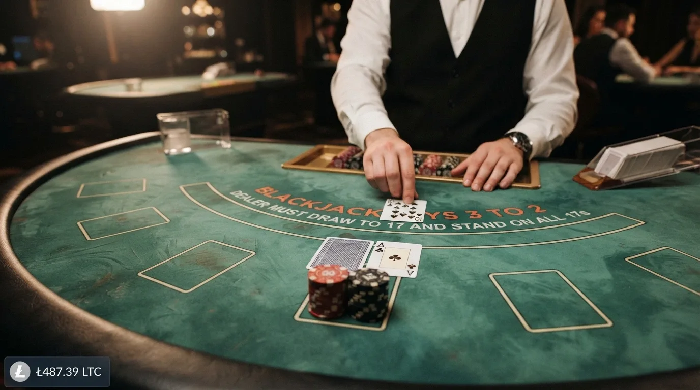 A live dealer at a blackjack table dealing cards, with a player-interface overlay showing a crypto balance in LTC