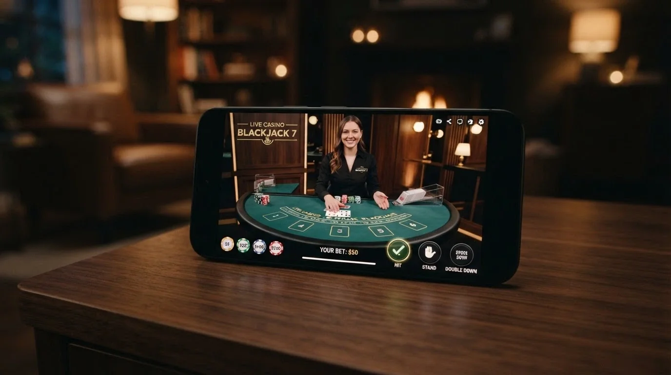 An Android phone in landscape orientation streaming a live blackjack table with a real dealer and the betting interface overlaid on the lower half of the screen