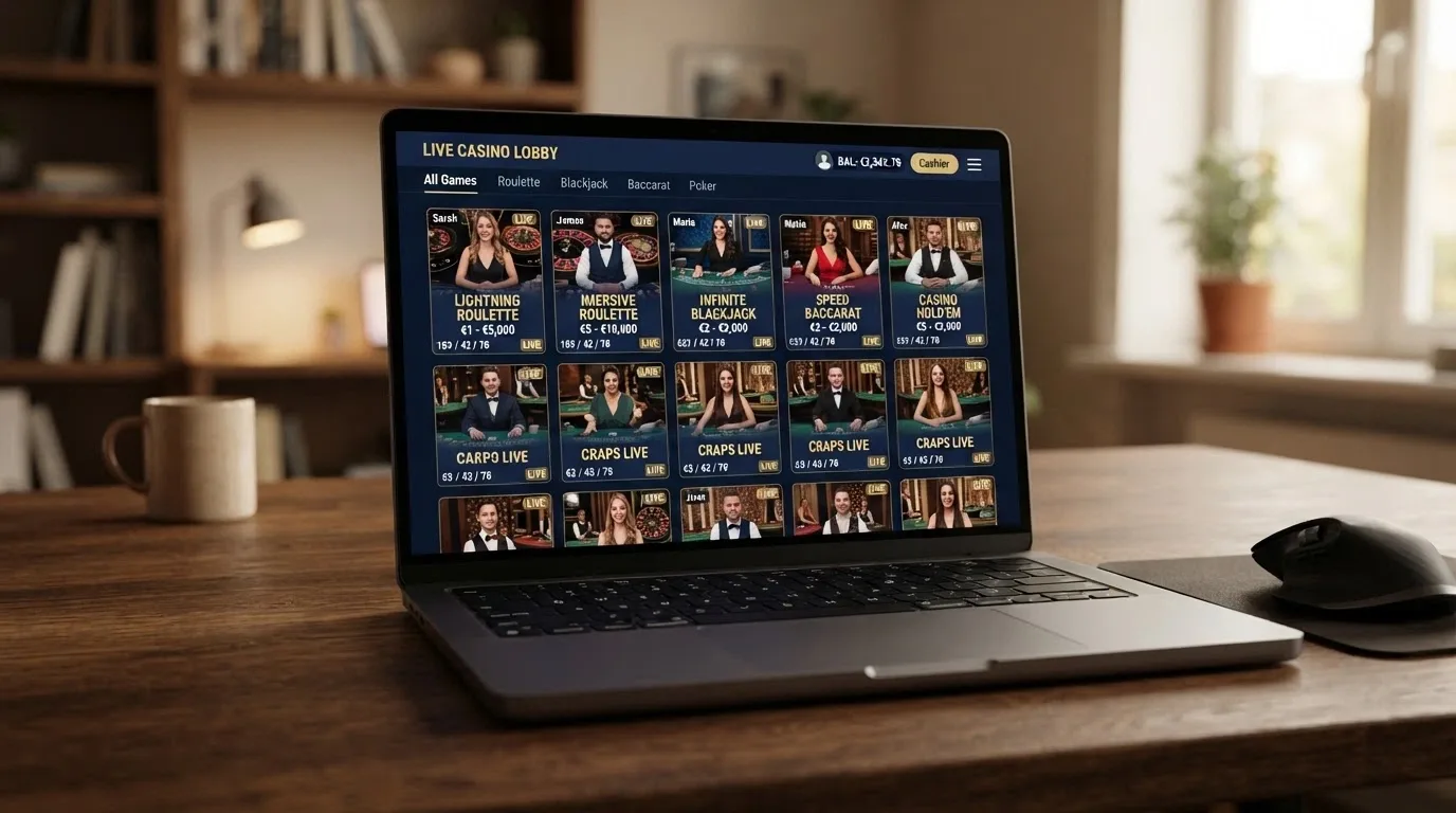 A split-screen view of two different live casino lobbies showing game thumbnails for blackjack, roulette and baccarat tables, with dealer names and bet limits displayed