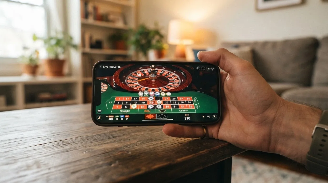 A smartphone held in landscape orientation showing a live roulette table with betting grid, chip denominations and dealer stream all visible on one screen