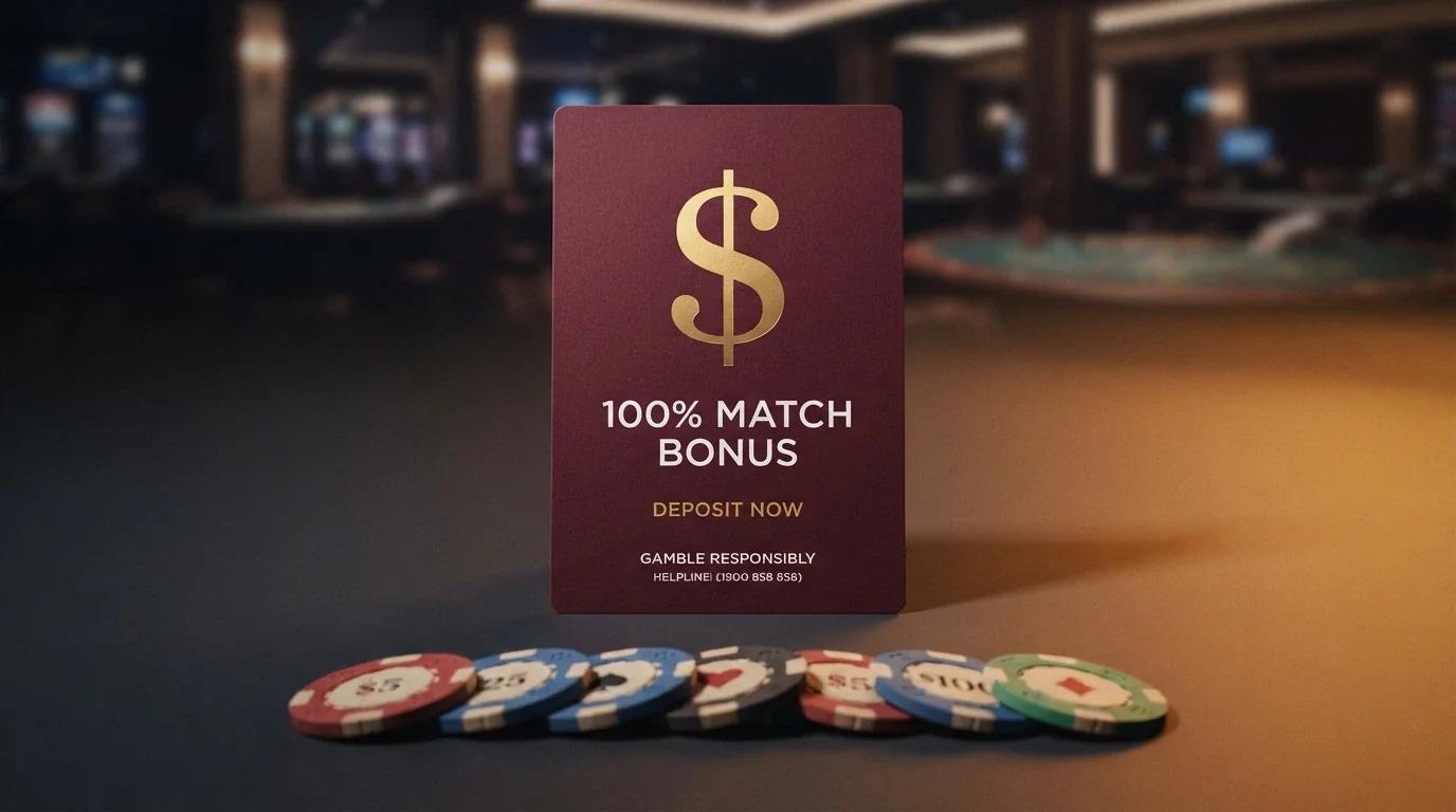 A promotional banner for a live casino welcome bonus showing a deposit-match percentage and a bonus amount in Australian dollars, with terms text visible below