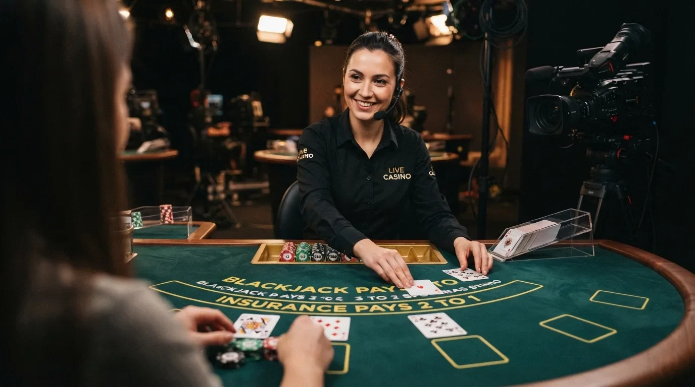 A live dealer at a blackjack table streamed to a laptop screen, with betting chips and a crypto deposit interface visible