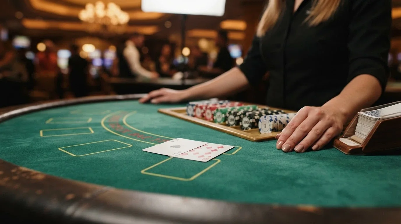 A close-up of a live blackjack table with cards face-up on the felt, the dealer's hand visible, the shoe and chip tray in frame