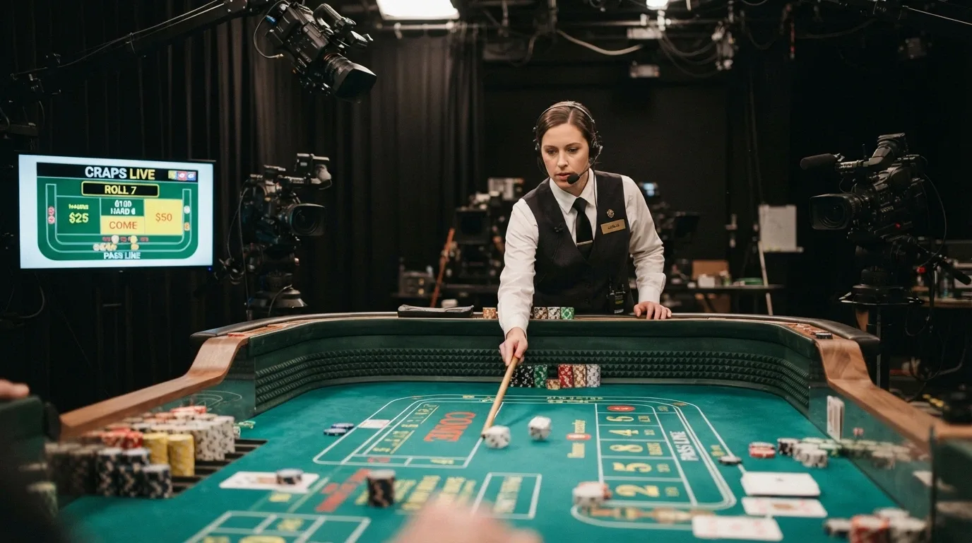 A real dealer in a studio standing behind a full-size craps table, with a multi-camera broadcast rig and a digital betting overlay visible on a monitor beside the table