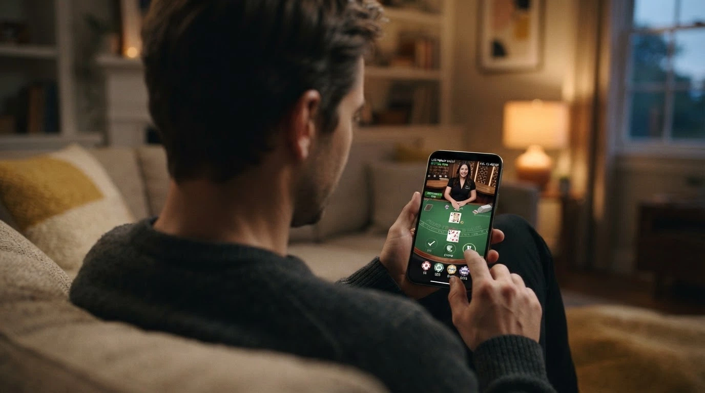 An iPhone showing a live-dealer blackjack table with a real dealer visible on the video stream, bet chips overlaid on the touchscreen