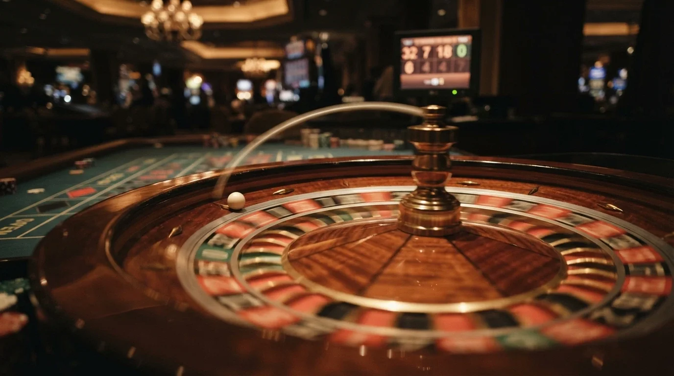 A live roulette wheel mid-spin, the ball visible in motion, a digital overlay showing recent numbers and betting options on screen
