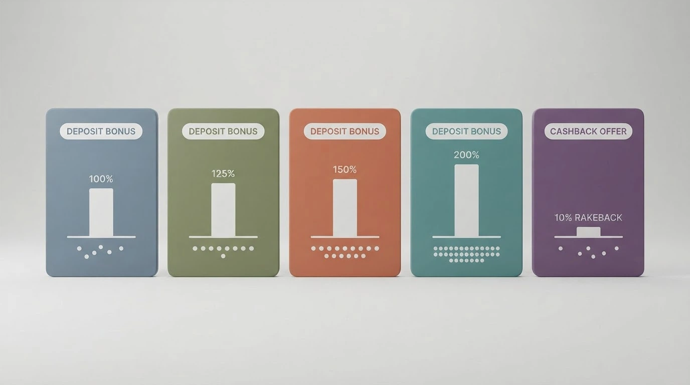 A side-by-side grid of casino welcome-offer cards showing different match percentages and free-spin counts