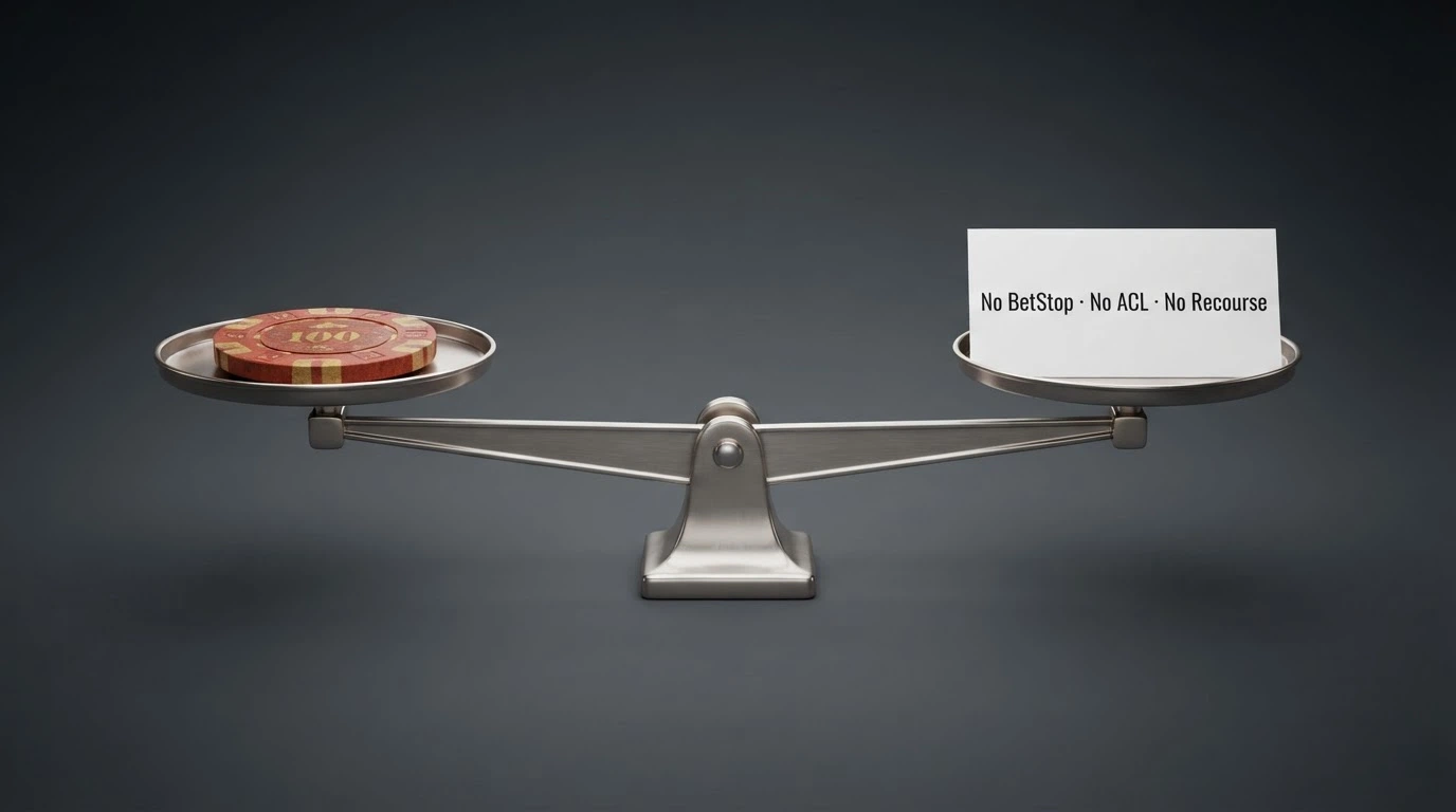 A single AU$1 coin on one side of a balance scale, with the other side holding a small printed card reading “No BetStop · No ACL · No Recourse”