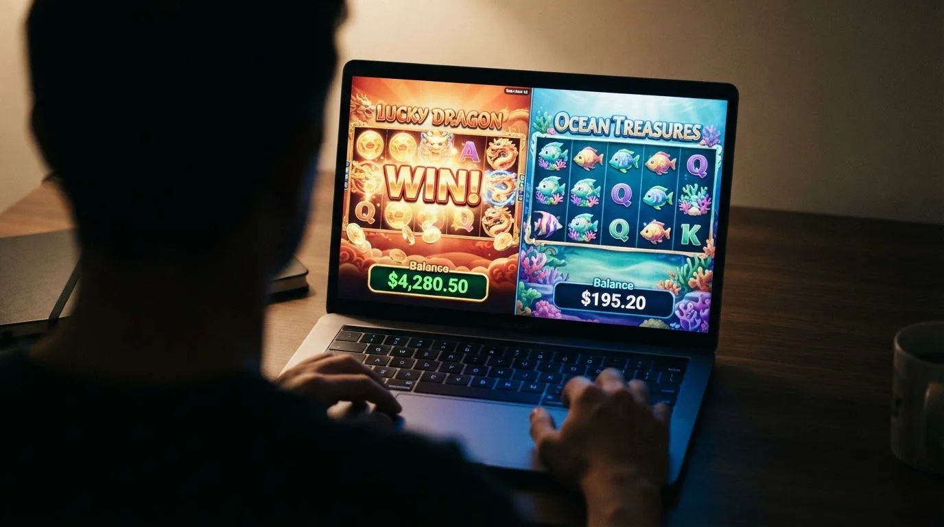 A split-screen of two pokies — one showing frequent small wins on a low-volatility title, the other showing long dry spells on a high-volatility game