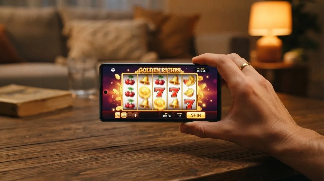 A hand holding a smartphone in landscape orientation showing a pokies game in progress, with a A$10 balance display and PayID deposit confirmation floating above the screen