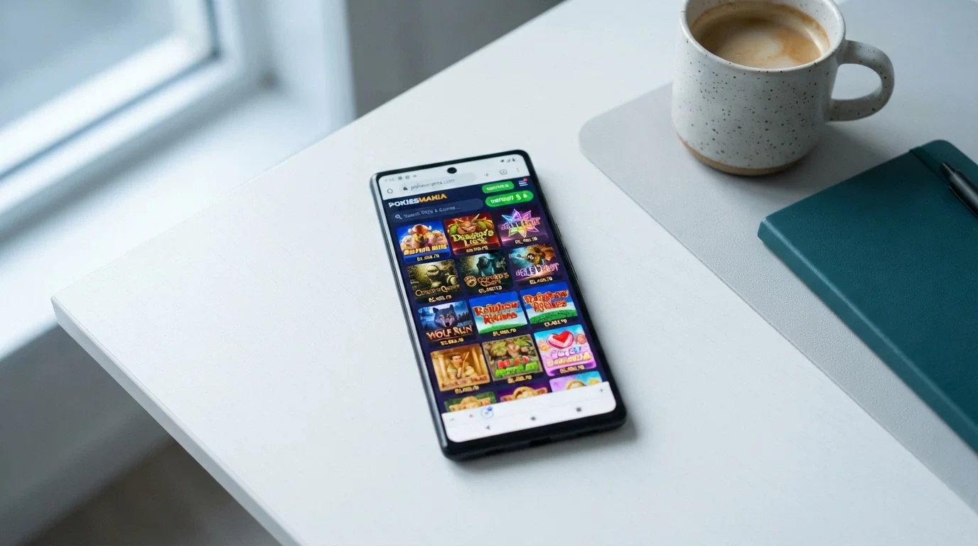 A mobile browser open to a real-money pokies game lobby showing game thumbnails, an AUD deposit button and a search bar