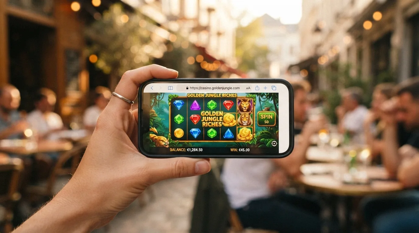 A smartphone held in landscape orientation running a 1Spin4Win slot in a mobile browser, with the URL bar visible and no app icon on the home screen