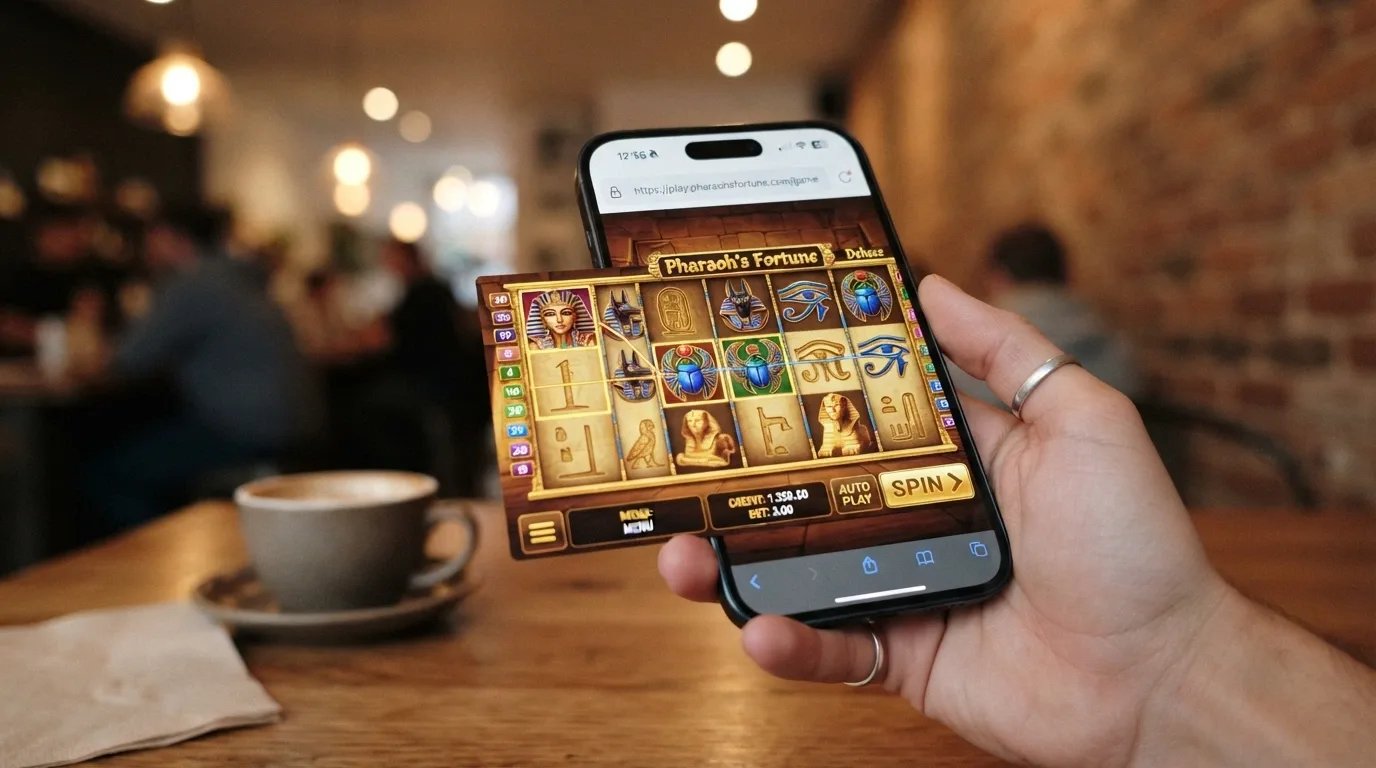 A smartphone held in hand showing a browser-based pokie game (Book of Dead-style), no app-store icon visible, coffee-shop background