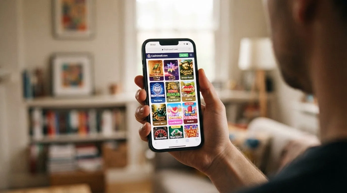A hand holding a smartphone displaying a mobile casino game lobby with pokie thumbnails in a browser window