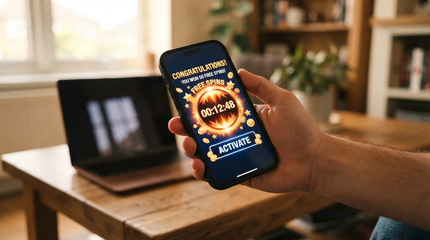 A smartphone in one hand showing a free spins activation screen with a countdown timer, a laptop sitting open but dark in the background