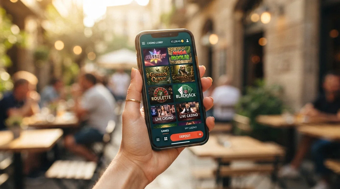 A hand holding a smartphone in portrait orientation showing a mobile casino game lobby with the deposit button visible at the bottom of the screen